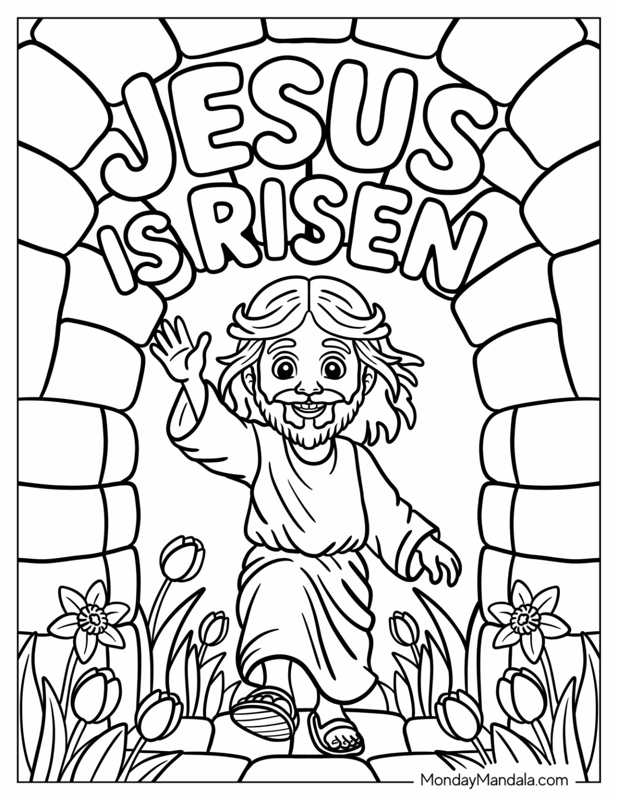 Religious Easter Coloring Page of Jesus Waving While Walking Out the Tomb coloring page