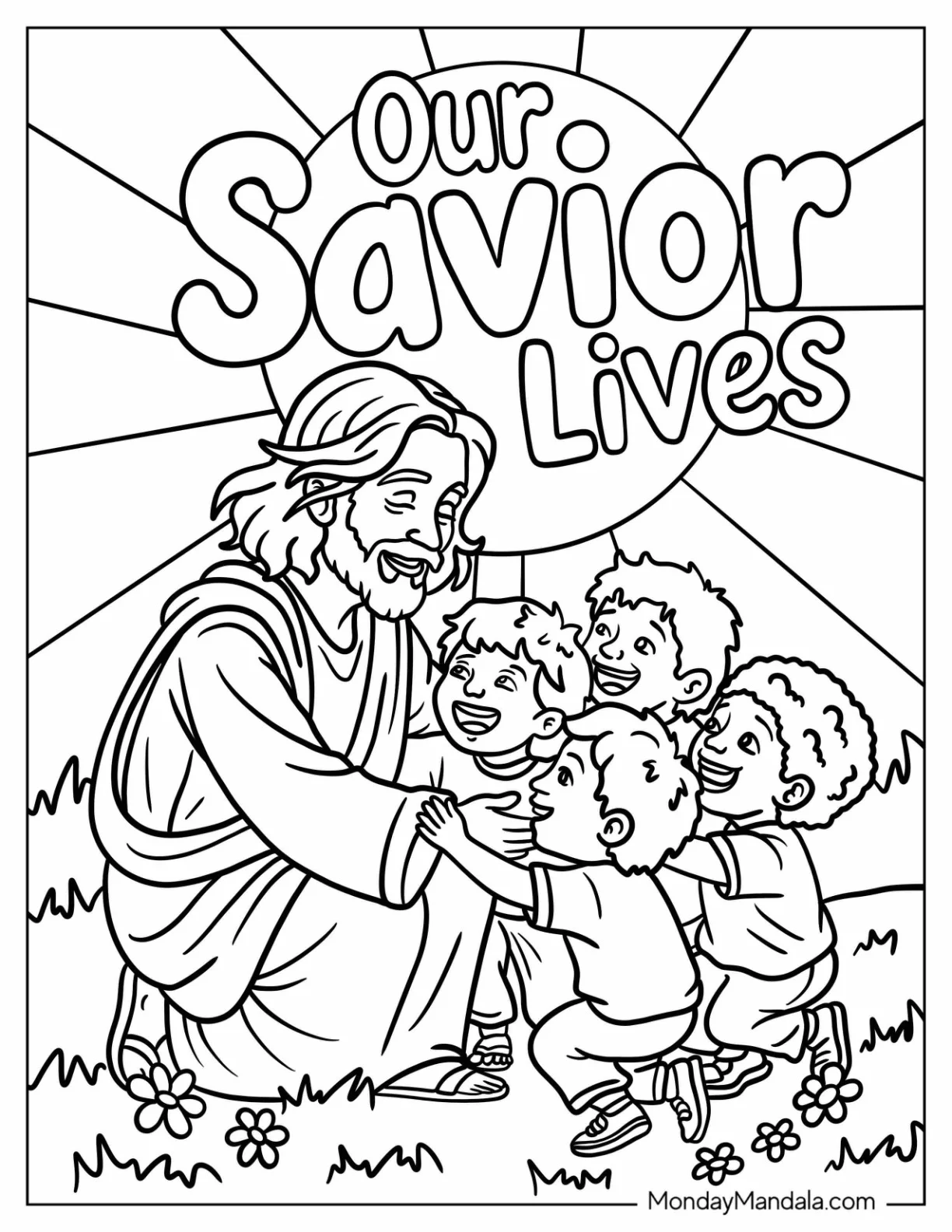 Religious Easter Coloring Page of Our Savior Lives with Jesus Hugging Children coloring page