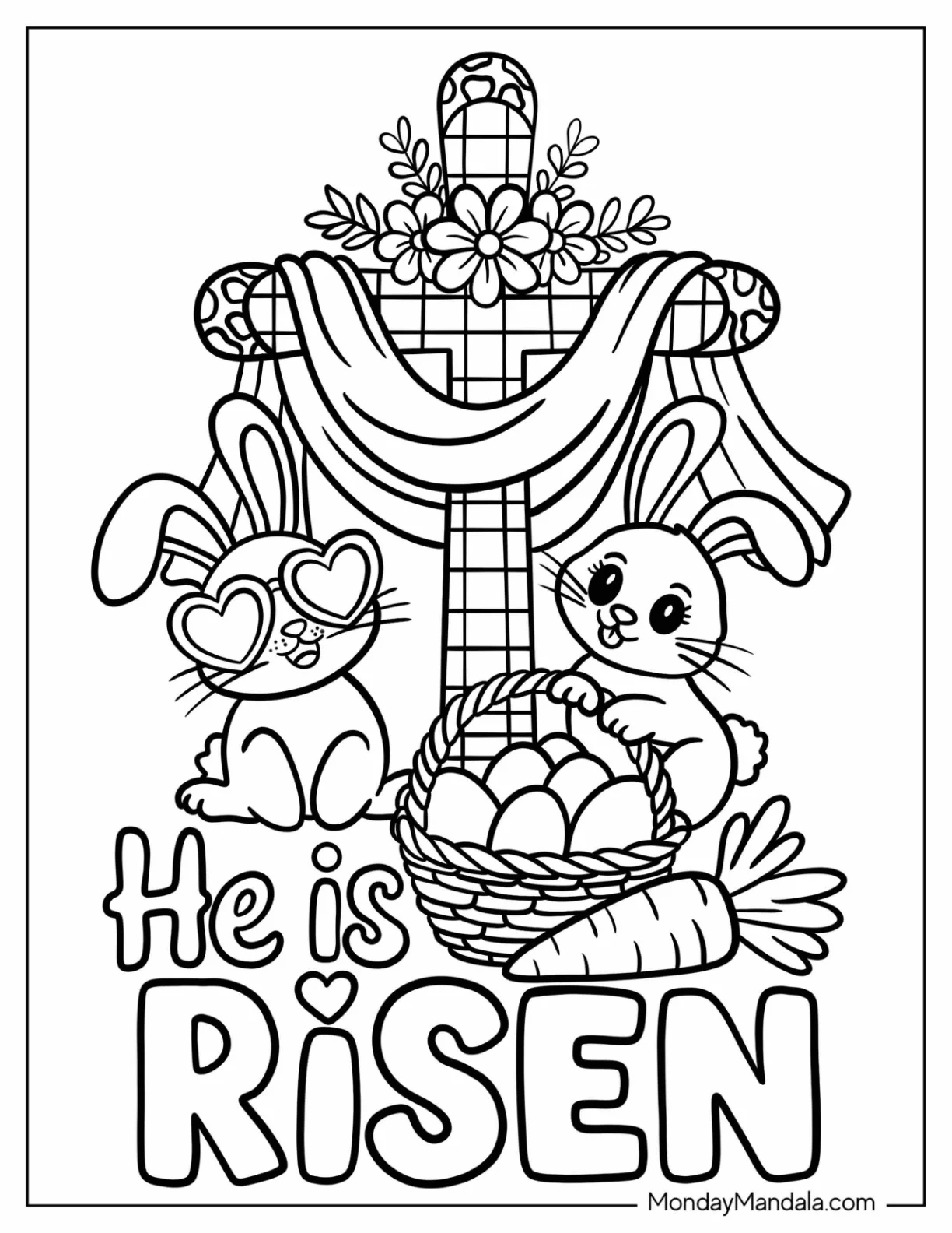Religious Easter Coloring Page of Rabbits Next to a Cross with Flower and Drapery coloring page