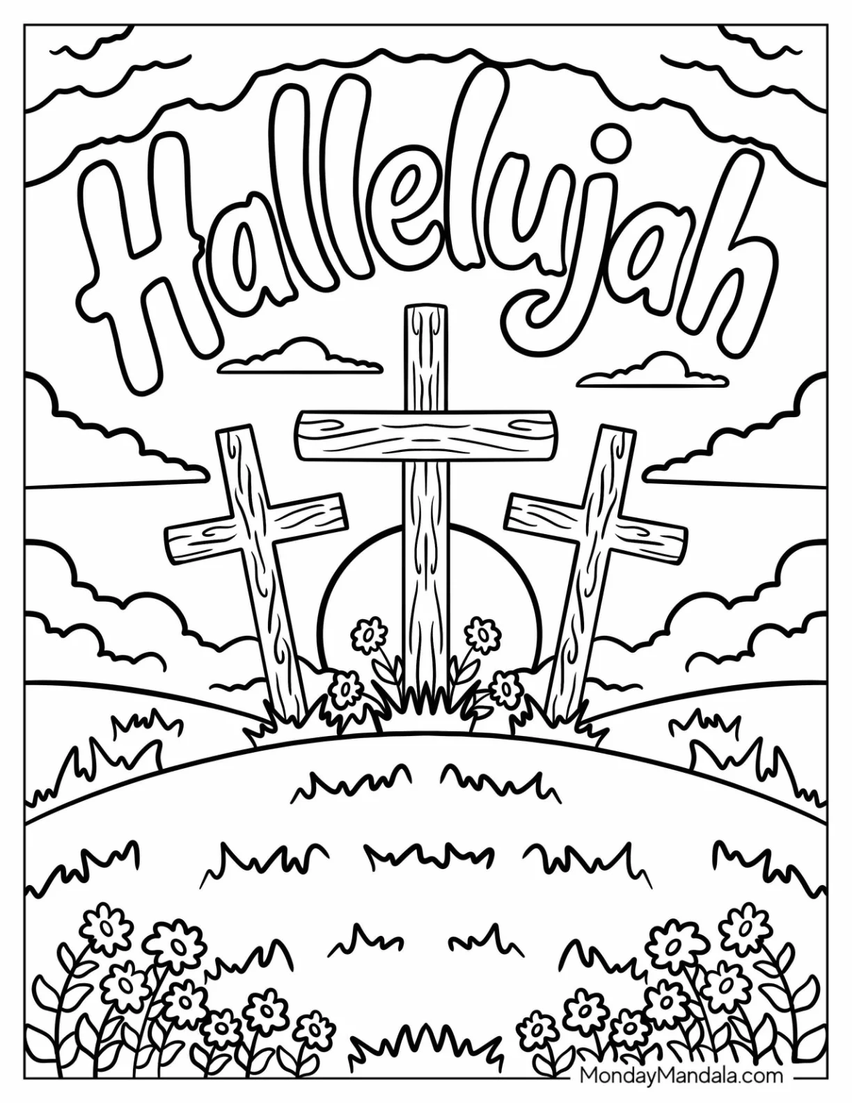 Religious Easter Coloring Page of Three Crosses on a Hill for Kids coloring page
