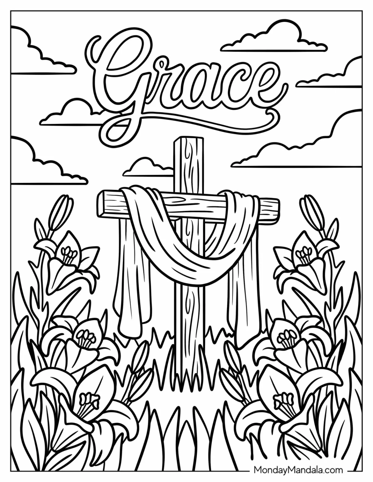 Religious Easter Coloring Page of Wooden Cross with Drapery in Flower Field coloring page