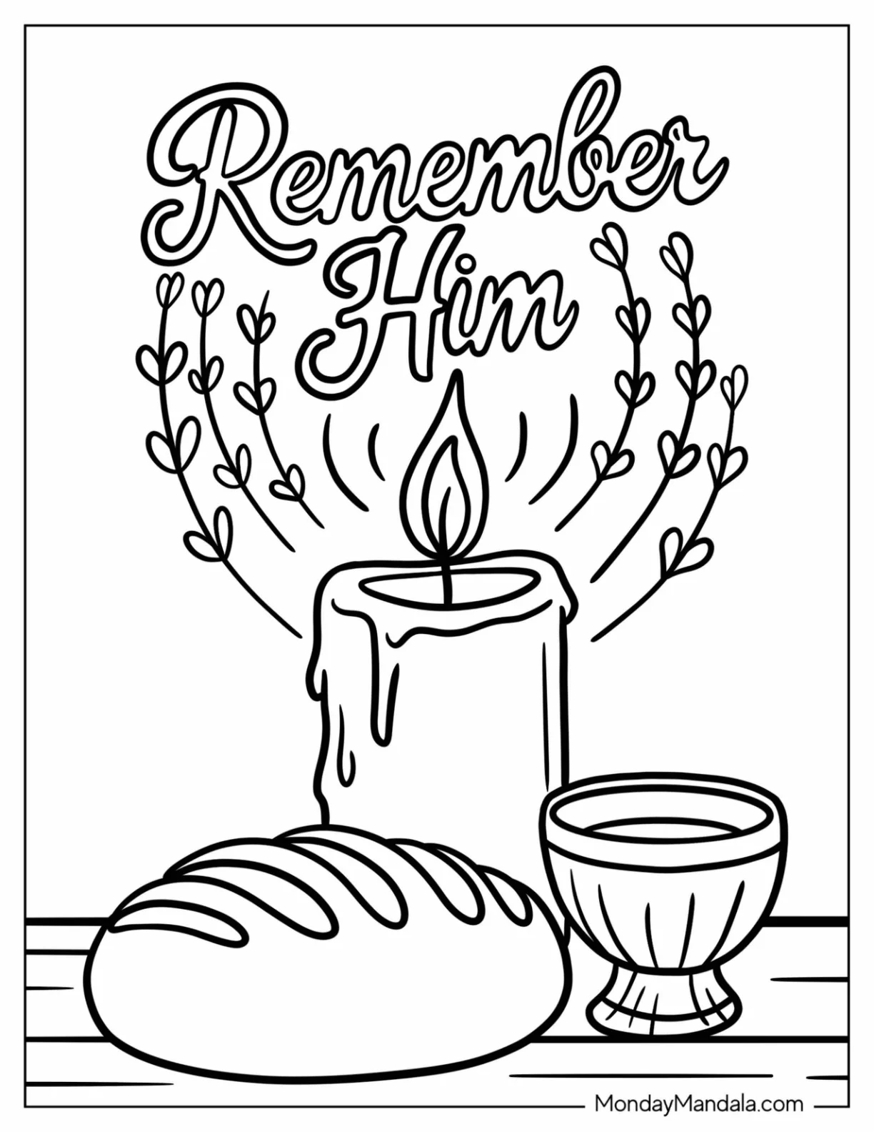 Remember Him Text Over Communion Elements on Religious Easter Coloring Page coloring page