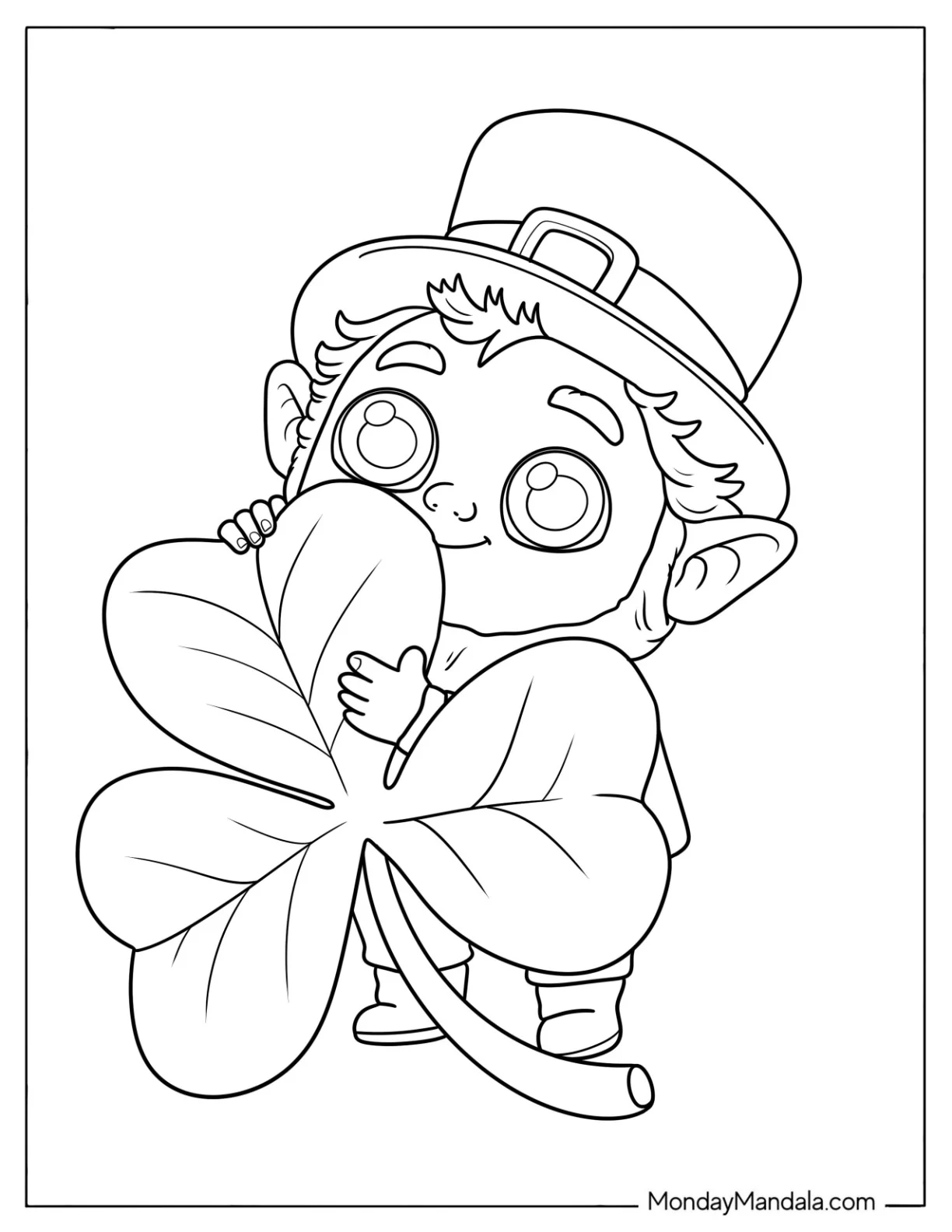 Adorable Leprechaun Hugging a Shamrock Coloring Page for Kids coloring page