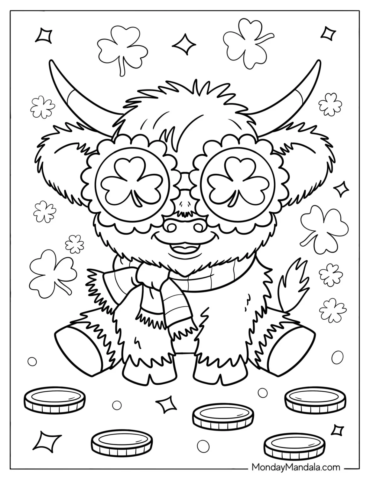Adorable Little Cow Wearing Shamrock Coloring Page Sunglasses for Kids coloring page
