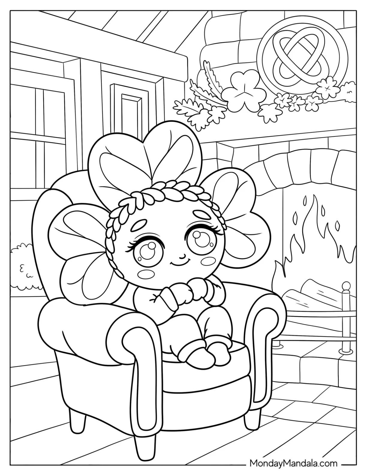 Baby Shamrock Coloring Page in an Armchair by the Fireplace coloring page