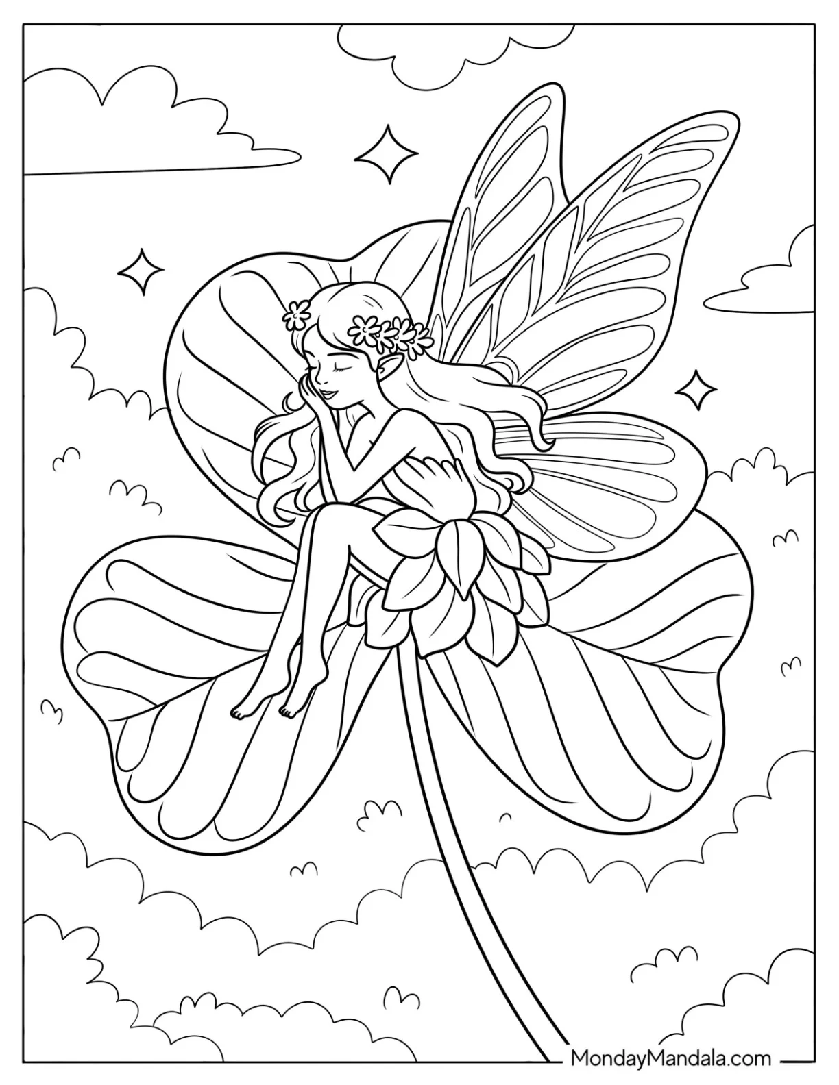 Beautiful Fairy Sleeping on a Shamrock Coloring Page coloring page