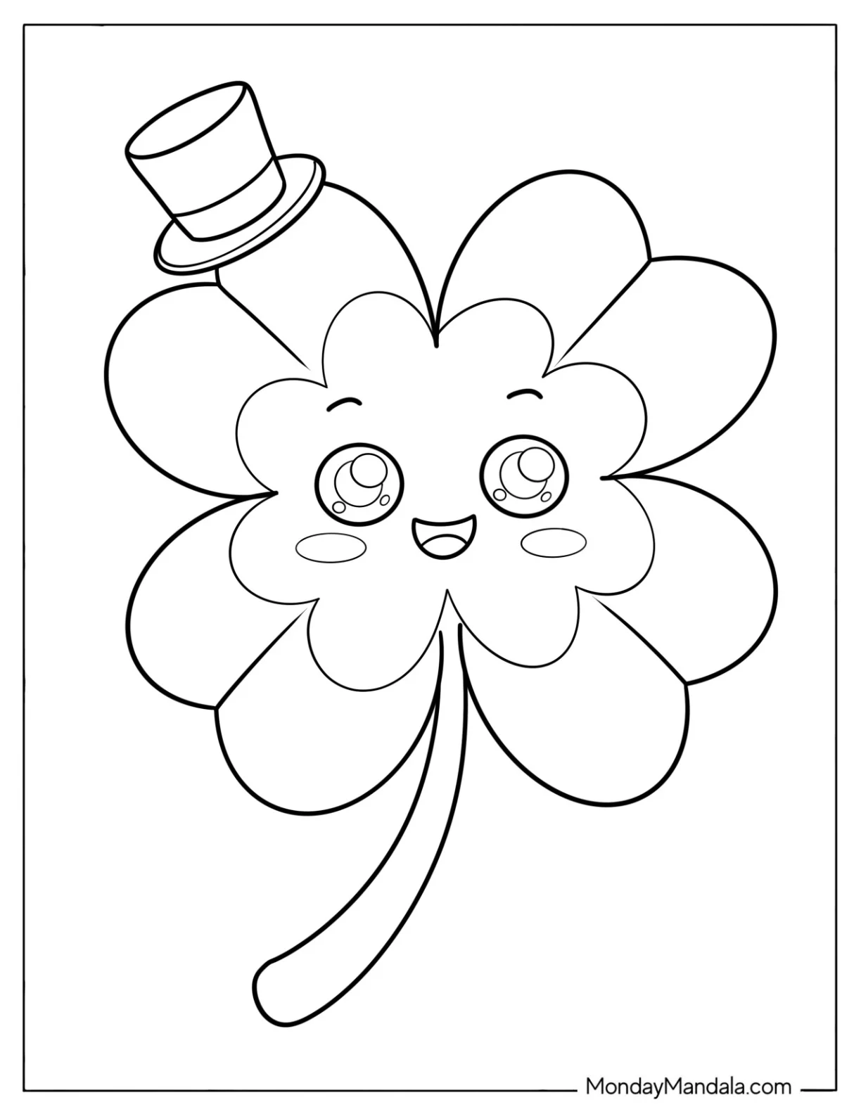 Cartoon Shamrock Coloring Page with Top Hat for Preschoolers coloring page