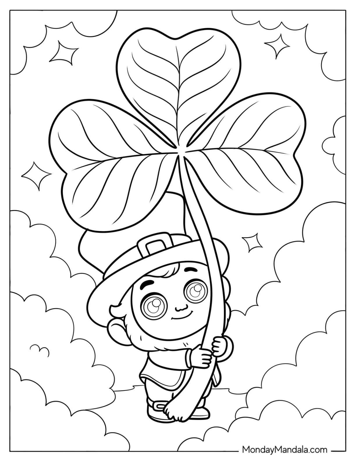 Cute Leprechaun Holding a Giant Shamrock Coloring Page in the Clouds coloring page — printable line art