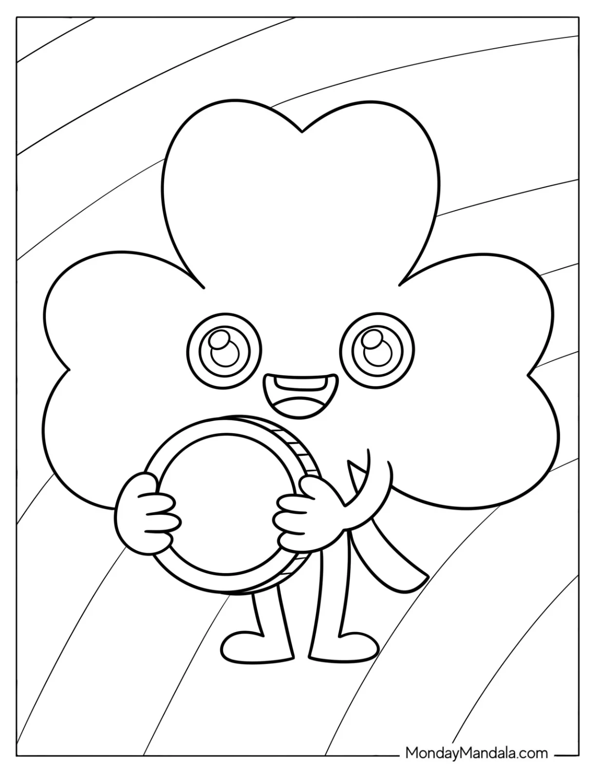 Easy Shamrock Coloring Page Holding a Gold Coin for Preschoolers coloring page