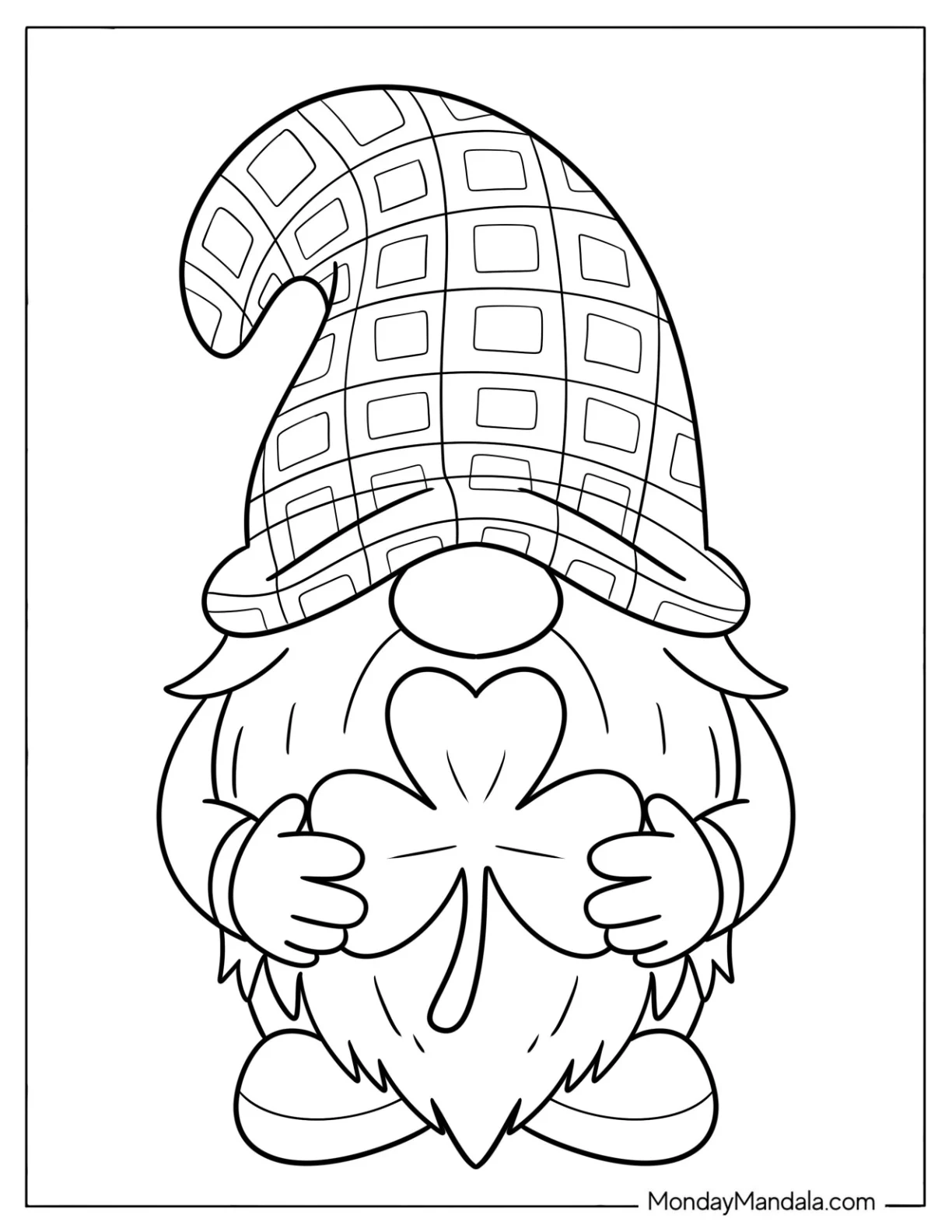 Gnome Hugging a Shamrock Coloring Page for Kids coloring page — printable line art