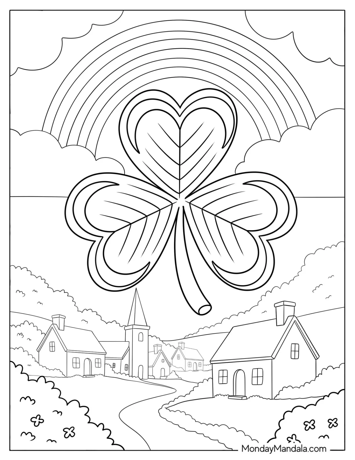 Lucky Shamrock Coloring Page in the Sky with Rainbow over a Town coloring page