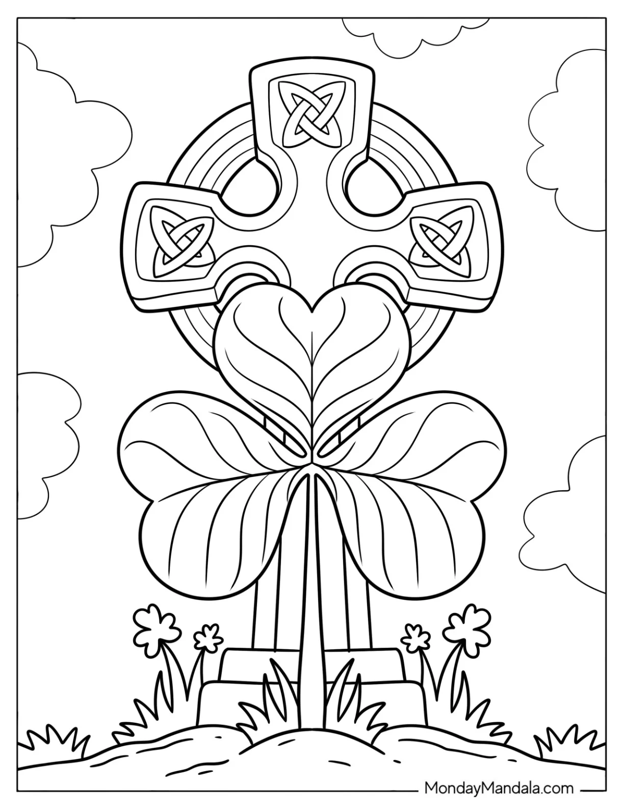 Shamrock Coloring Page in front of a Celtic Cross coloring page