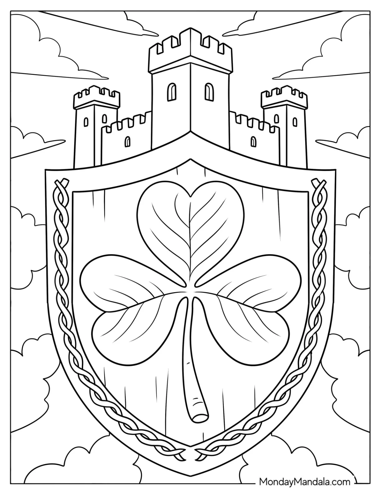 Shamrock Coloring Page Insignia in Front of a Castle coloring page
