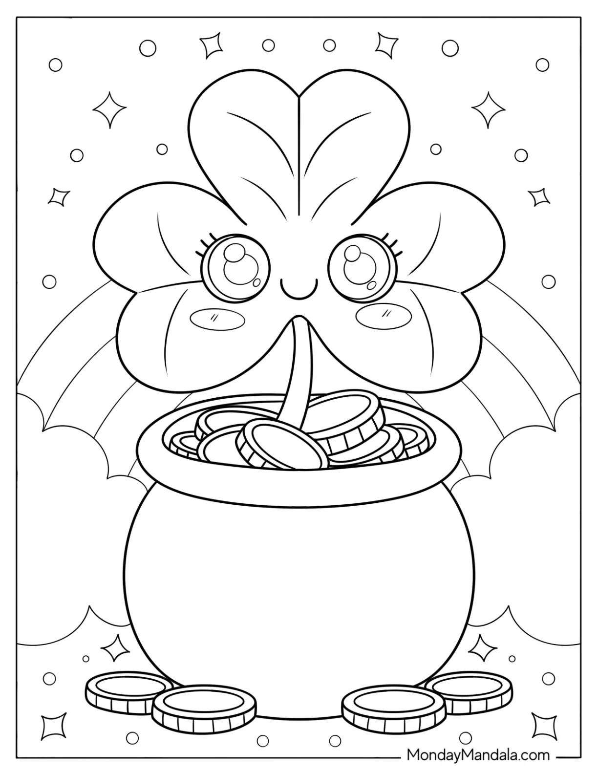 Smiling Shamrock Coloring Page in a Pot of Gold for Kids coloring page