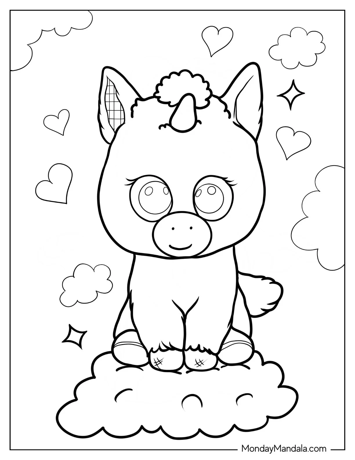 Beanie Boo Coloring Page Of Fantasia Unicorn With Hearts And Clouds coloring page — printable line art