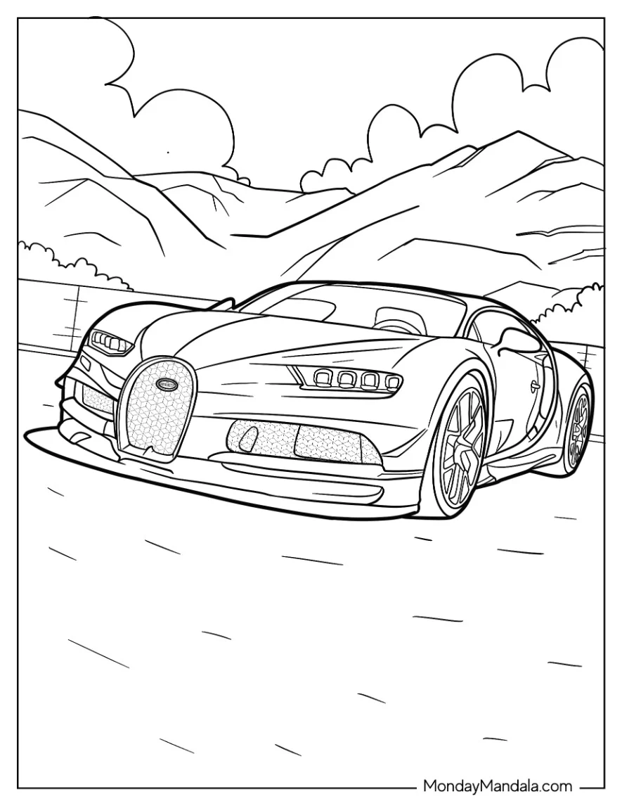 Close Up Of Bugatti Coloring Page Chiron With Mountains In Background coloring page