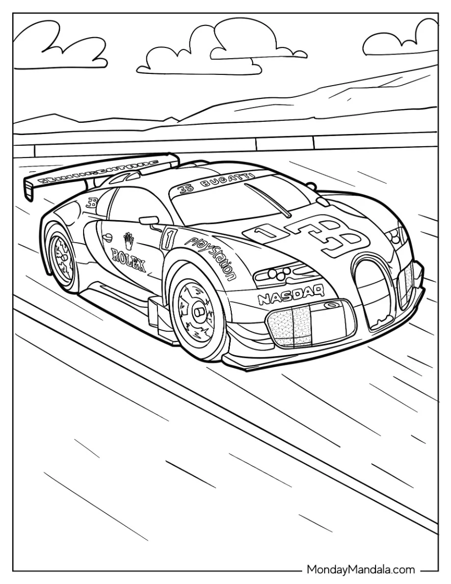 Detailed Bugatti Coloring Page Veyron GTR Racing coloring page — printable line art