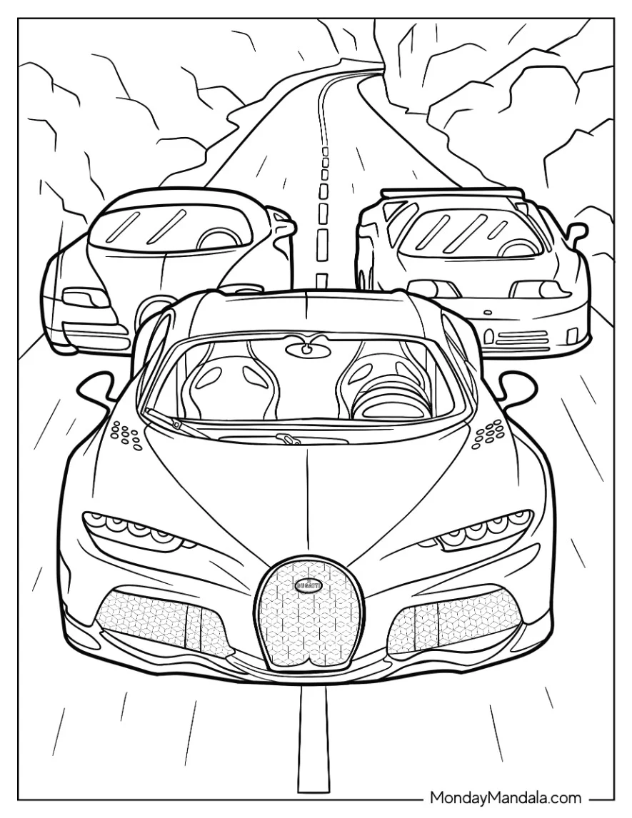 Three Bugatti Coloring Page Chiron On The Road coloring page