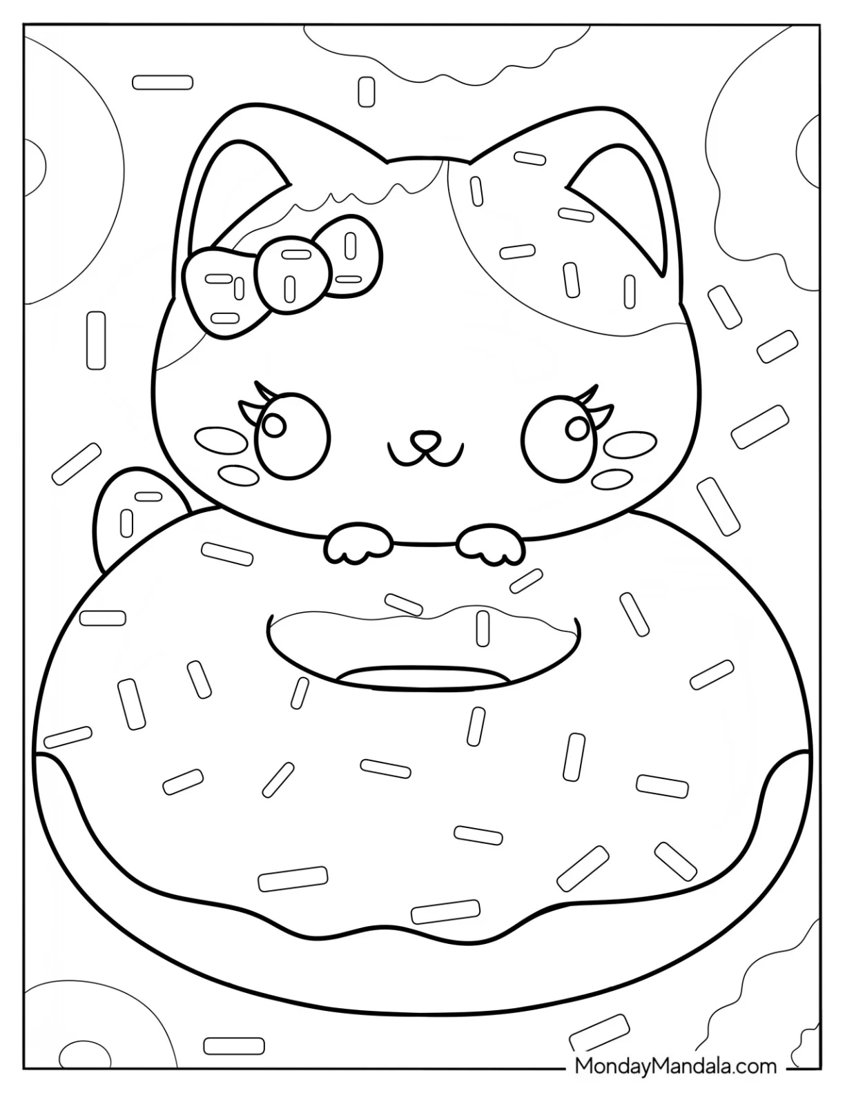 Cute Coloring Page Adorable Cat With A Giant Donut coloring page — printable line art