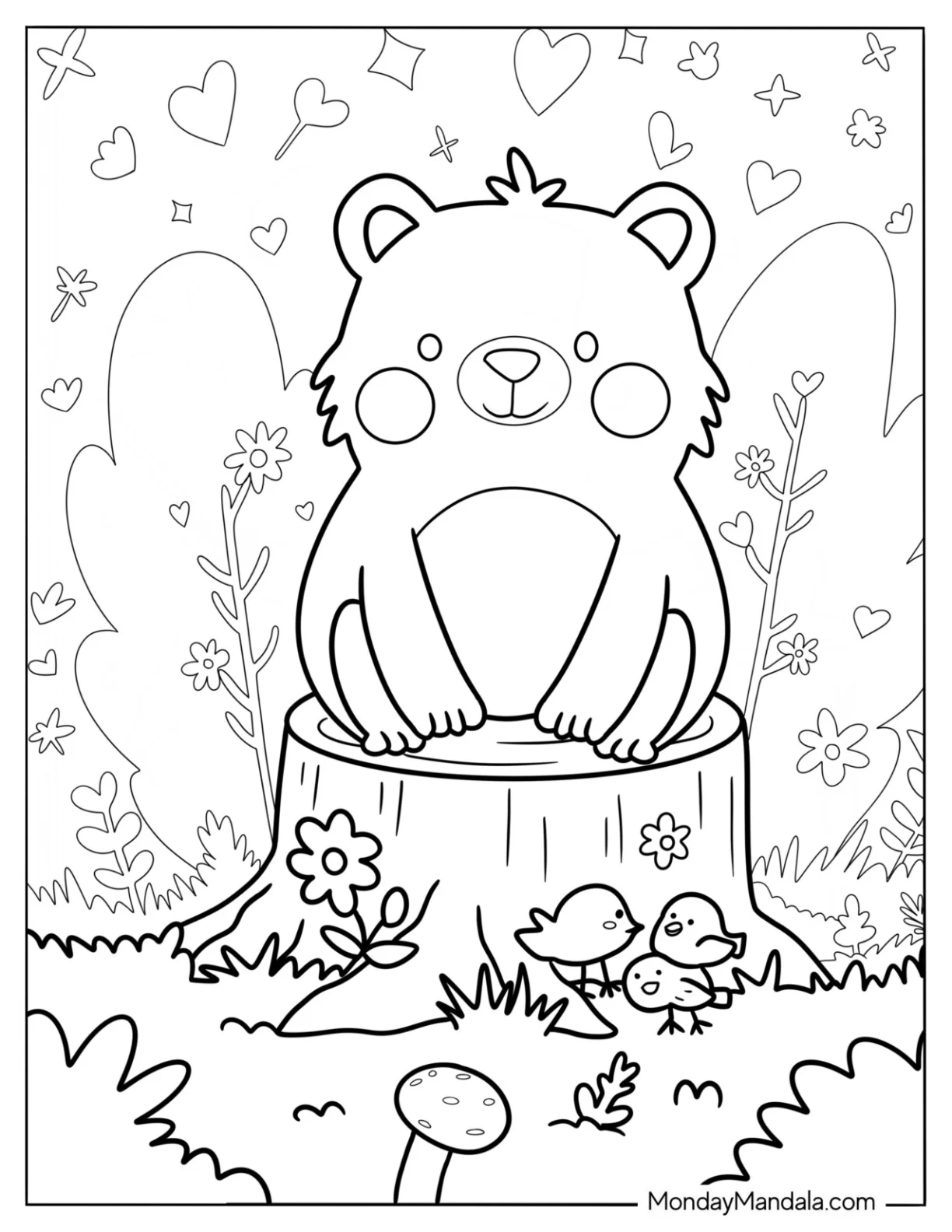 Cute Coloring Page Baby Bear Sitting On A Tree Stump coloring page