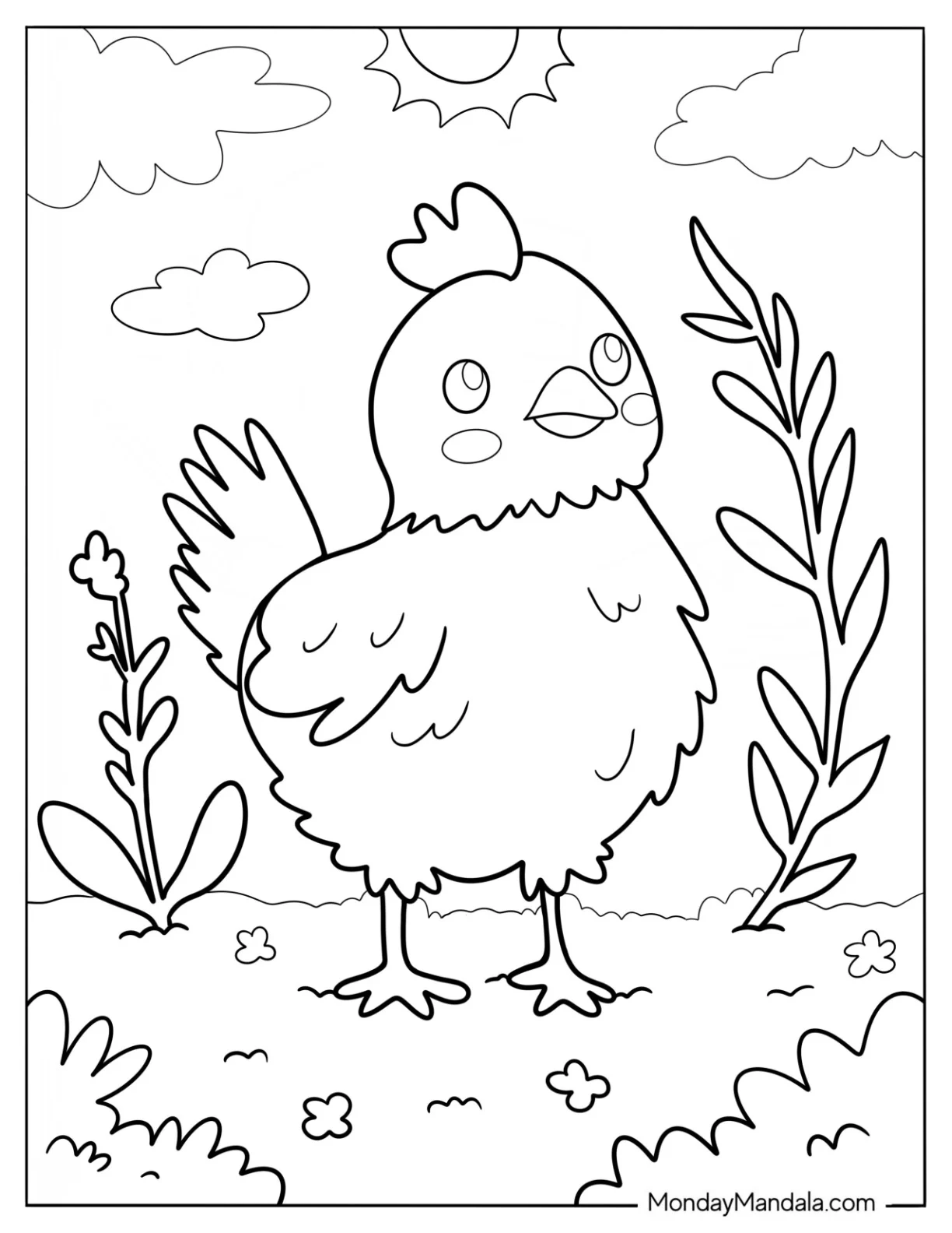 Cute Coloring Page Baby Chick Standing Under The Sun For Preschoolers coloring page — printable line art