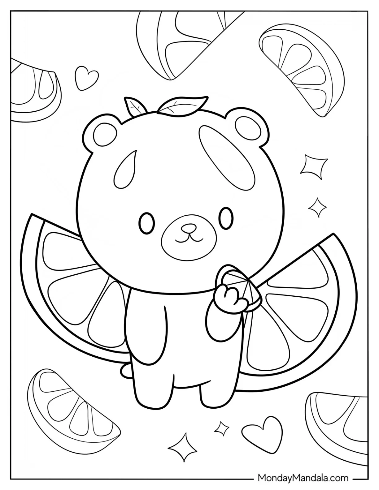 Cute Coloring Page Cartoon Bear Eating Orange Slice coloring page — printable line art