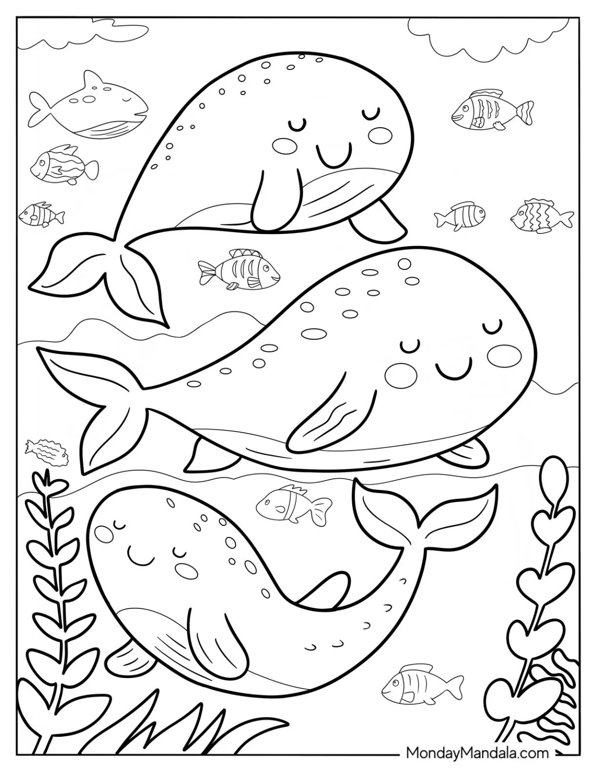 Cute Coloring Page Cartoon Whales Swimming In The Ocean coloring page — printable line art