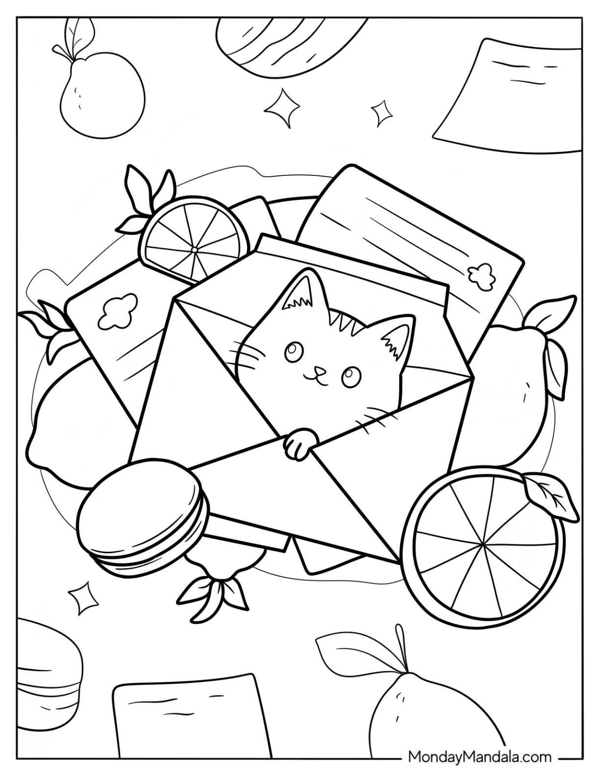 Cute Coloring Page Cat Inside An Envelope Surrounded By Fruits And Letters coloring page