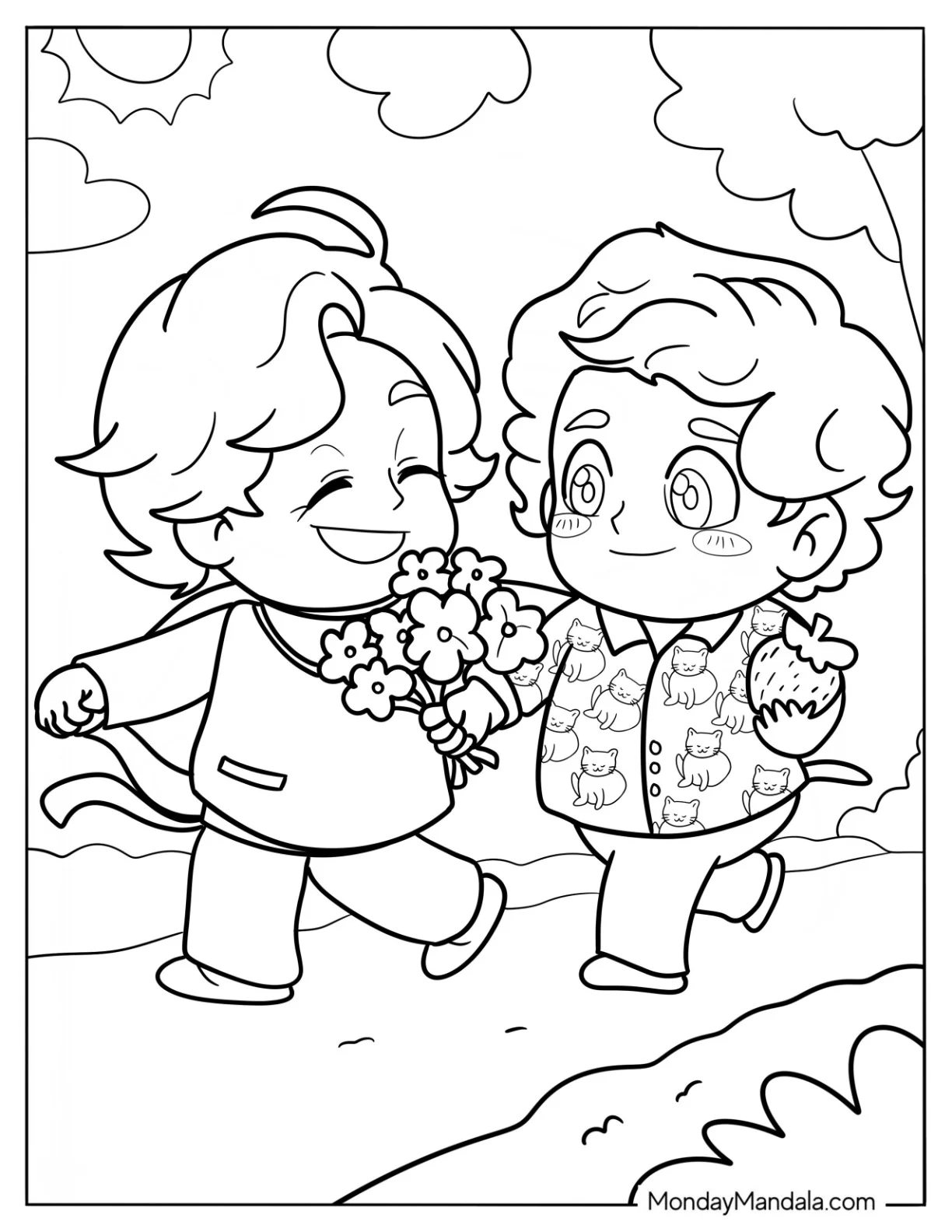 Cute Coloring Page Chibi Boys Walking In The Park For Kids coloring page — printable line art