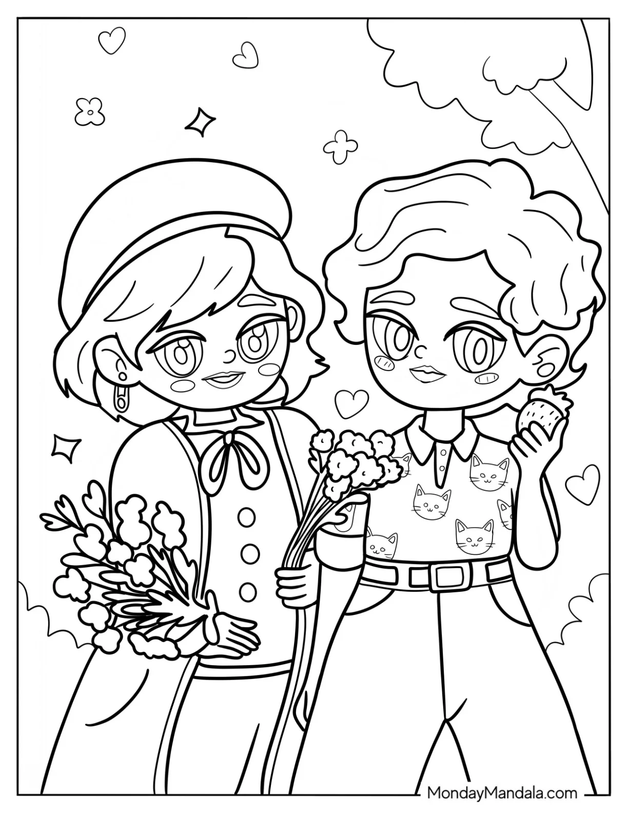 Cute Coloring Page Fashionable Women Holding Flowers And Fruits coloring page