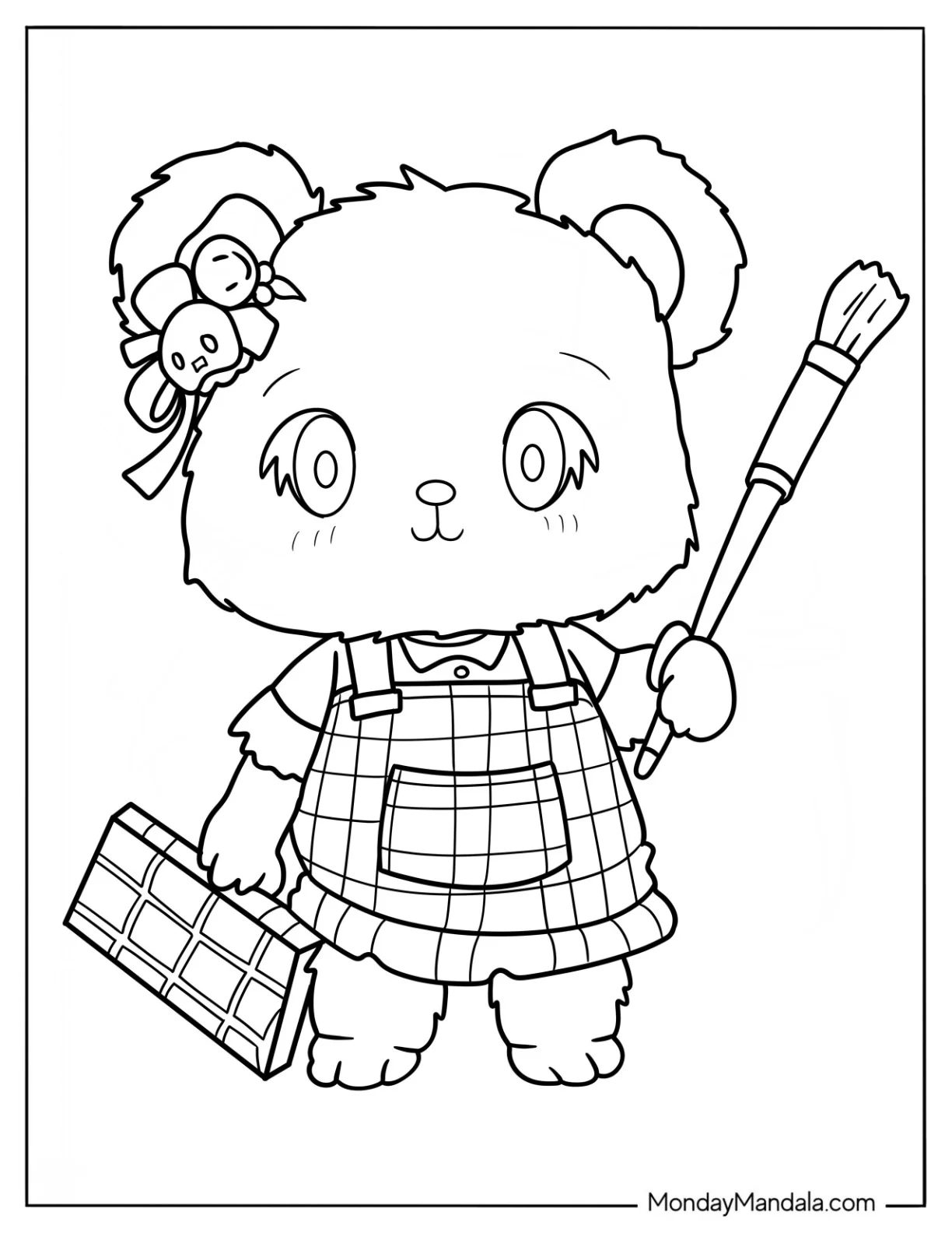 Cute Coloring Page Furry Cat Holding A Paintbrush And Wearing A Plaid Dress coloring page