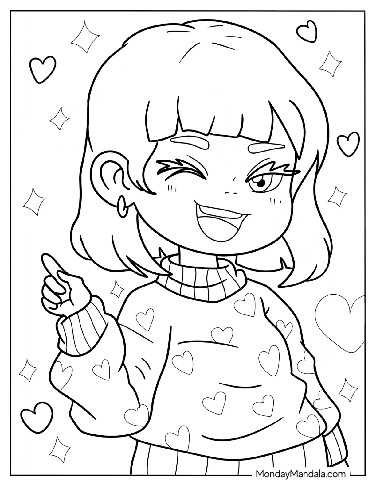 Cute Coloring Page Girl In Sweatshirt Winking coloring page — printable line art