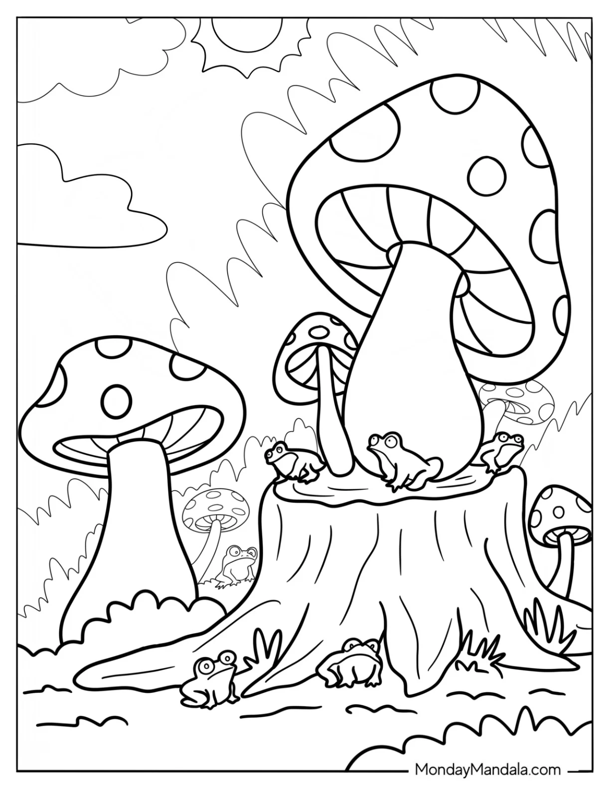 Cute Coloring Page Landscape With Mushrooms And Frogs coloring page