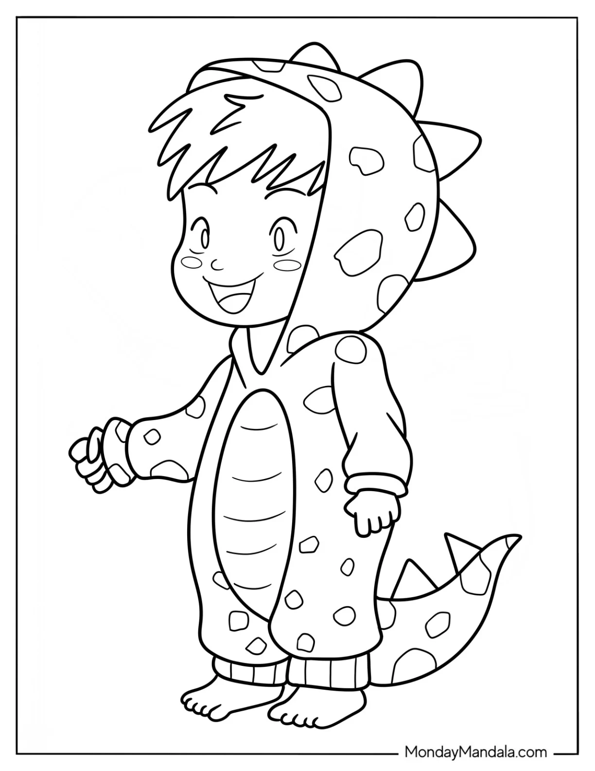 Cute Coloring Page Little Boy Wearing A Dinosaur Onesie coloring page — printable line art