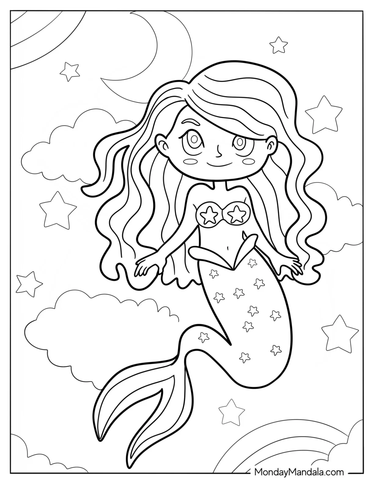 Cute Coloring Page Mermaid Swimming In The Night Sky coloring page — printable line art