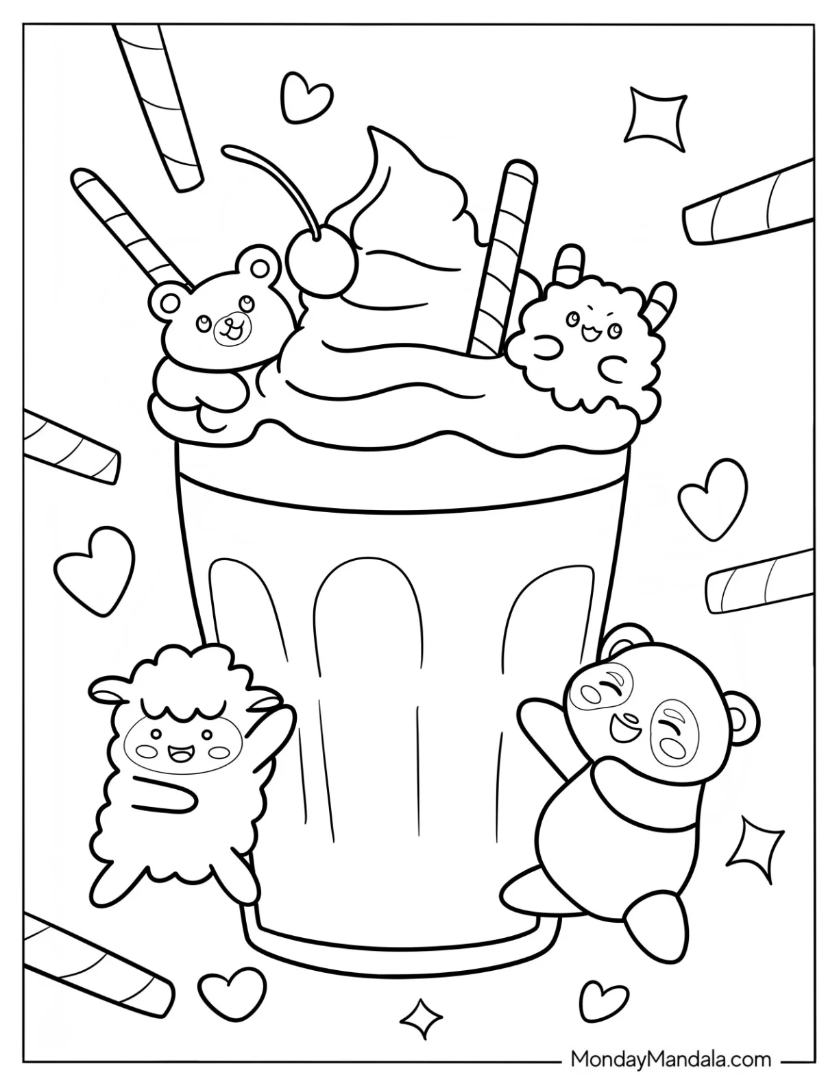 Cute Coloring Page Milkshake With Tiny Animals coloring page — printable line art