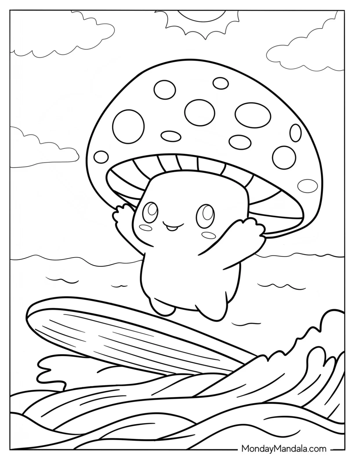 Cute Coloring Page Mushroom Surfing coloring page — printable line art