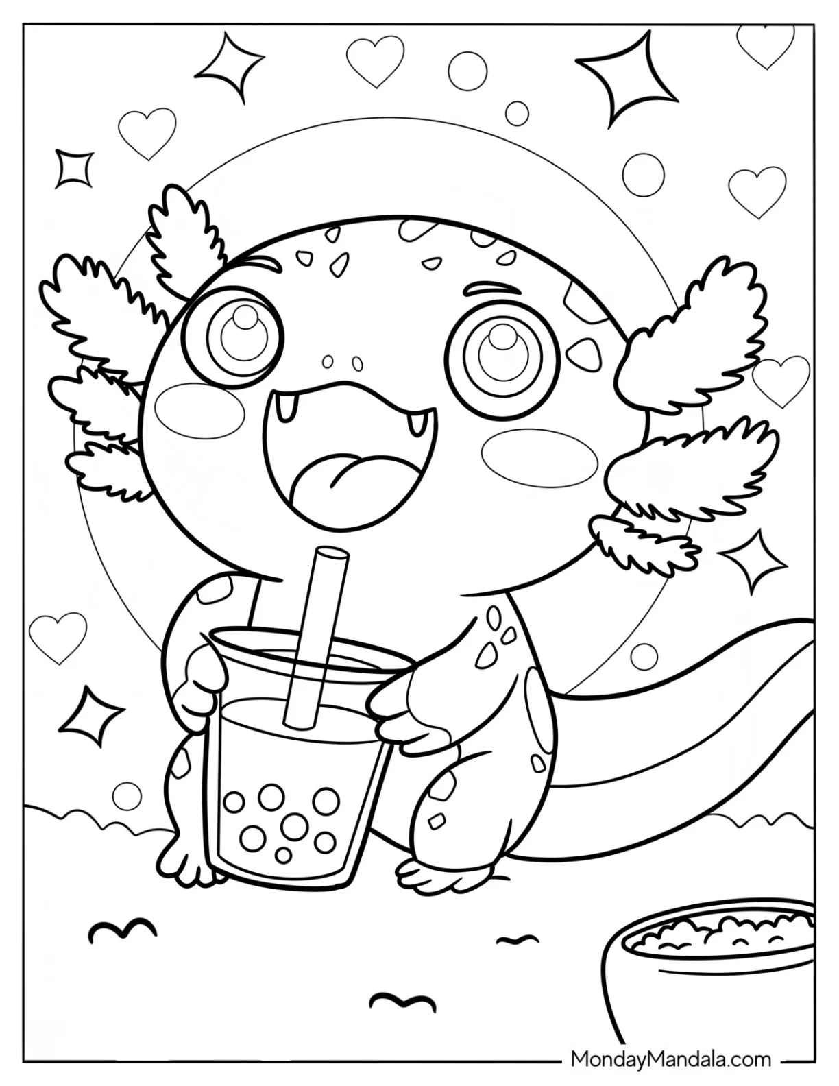 Cute Coloring Page Of Axolotl Drinking A Boba Tea coloring page