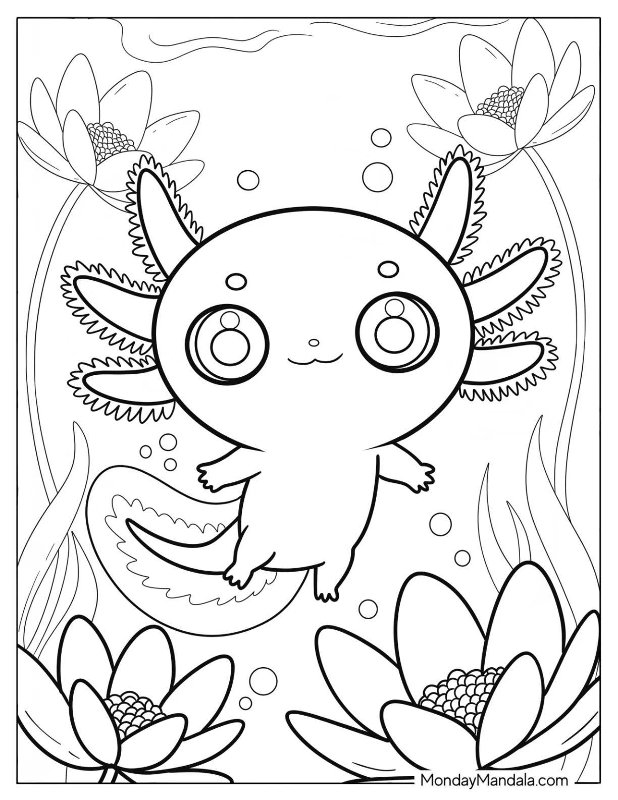 Cute Coloring Page of Axolotl Swimming with Seaweed coloring page — printable line art
