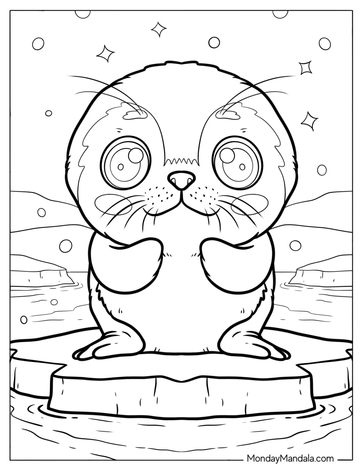 Cute Coloring Page of Baby Seal on Ice for Kids coloring page