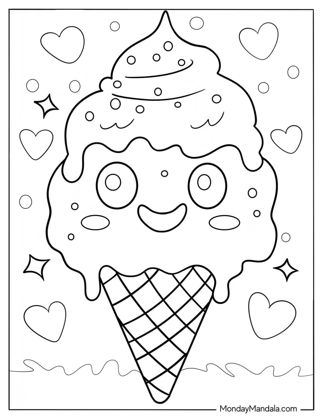 Cute Coloring Page Of Cartoon Ice Cream On A Cone For Kids coloring page — printable line art