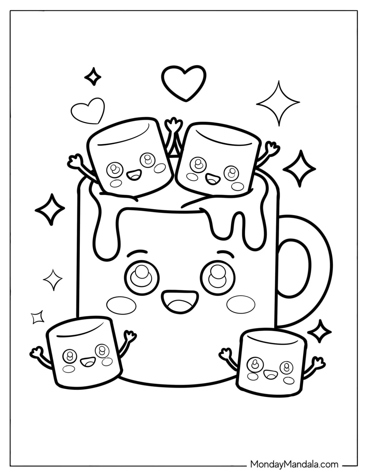 Cute Coloring Page of Cartoon Mug with Marshmallows and Sparkles coloring page — printable line art