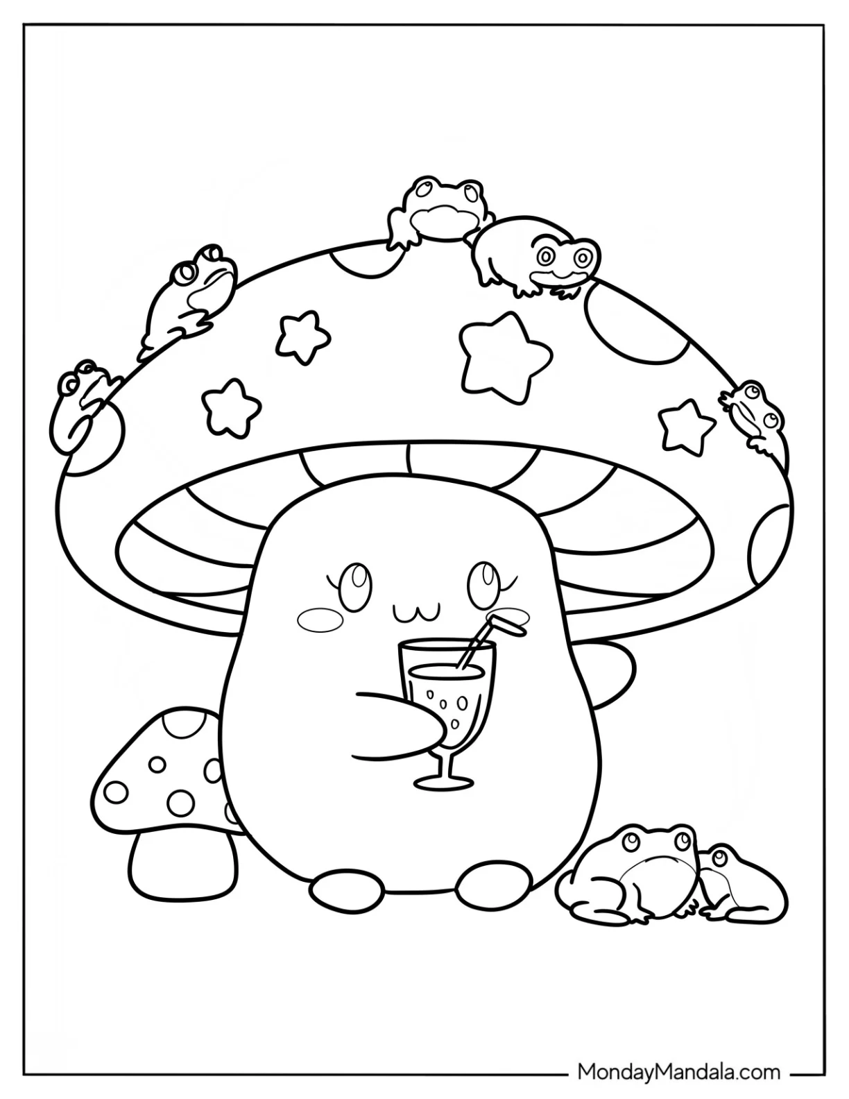 Cute Coloring Page Of Cartoon Mushroom Drinking While Surrounded By Frogs coloring page