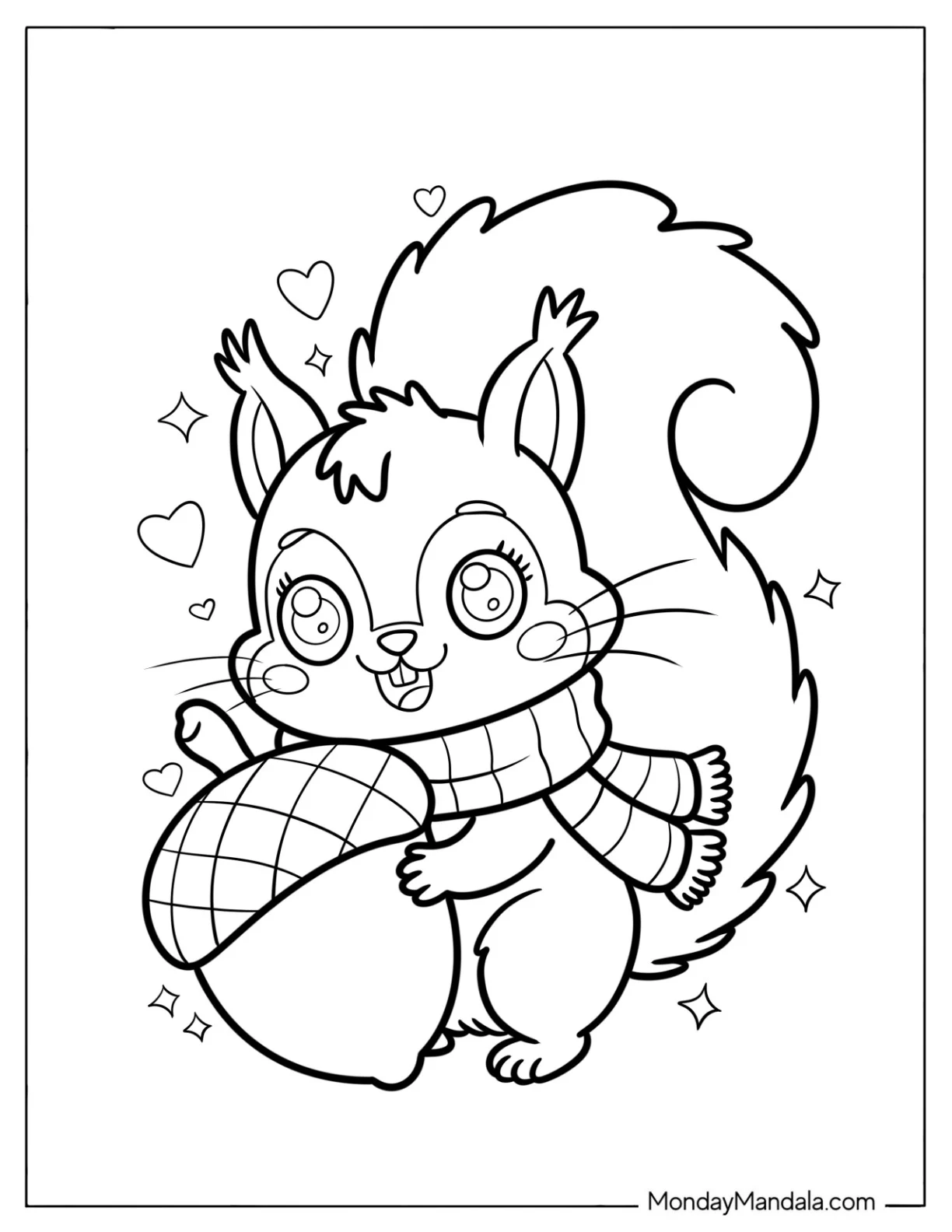 Cute Coloring Page of Cheerful Squirrel with Scarf Holding an Acorn coloring page