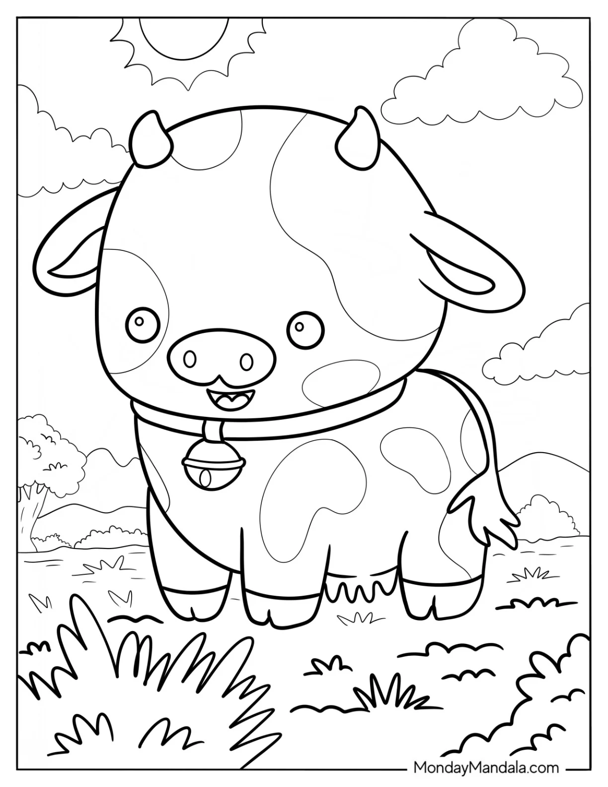 Cute Coloring Page Of Chibi Cow In A Field For Preschoolers coloring page