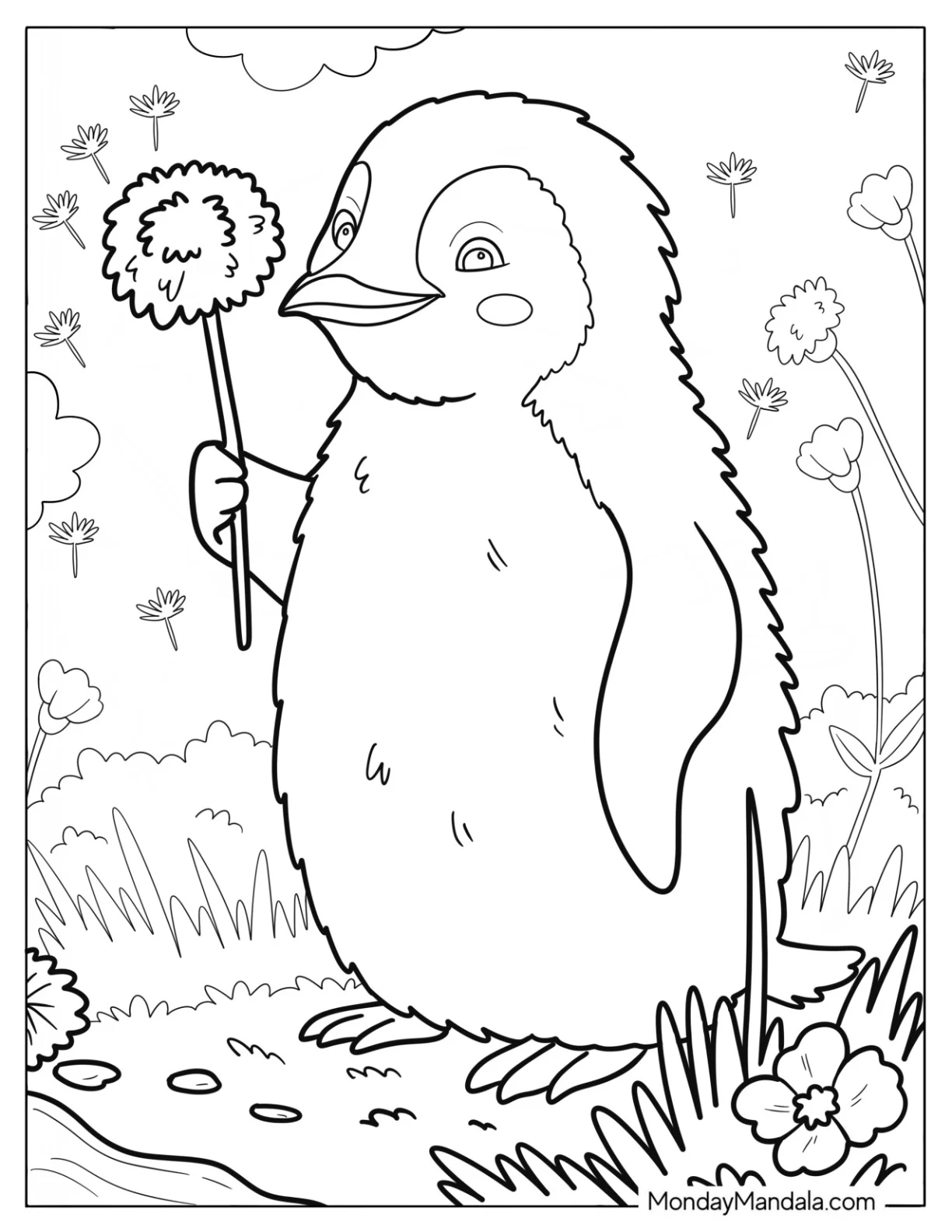 Cute Coloring Page of Curious Penguin Holding a Daffodil coloring page — printable line art