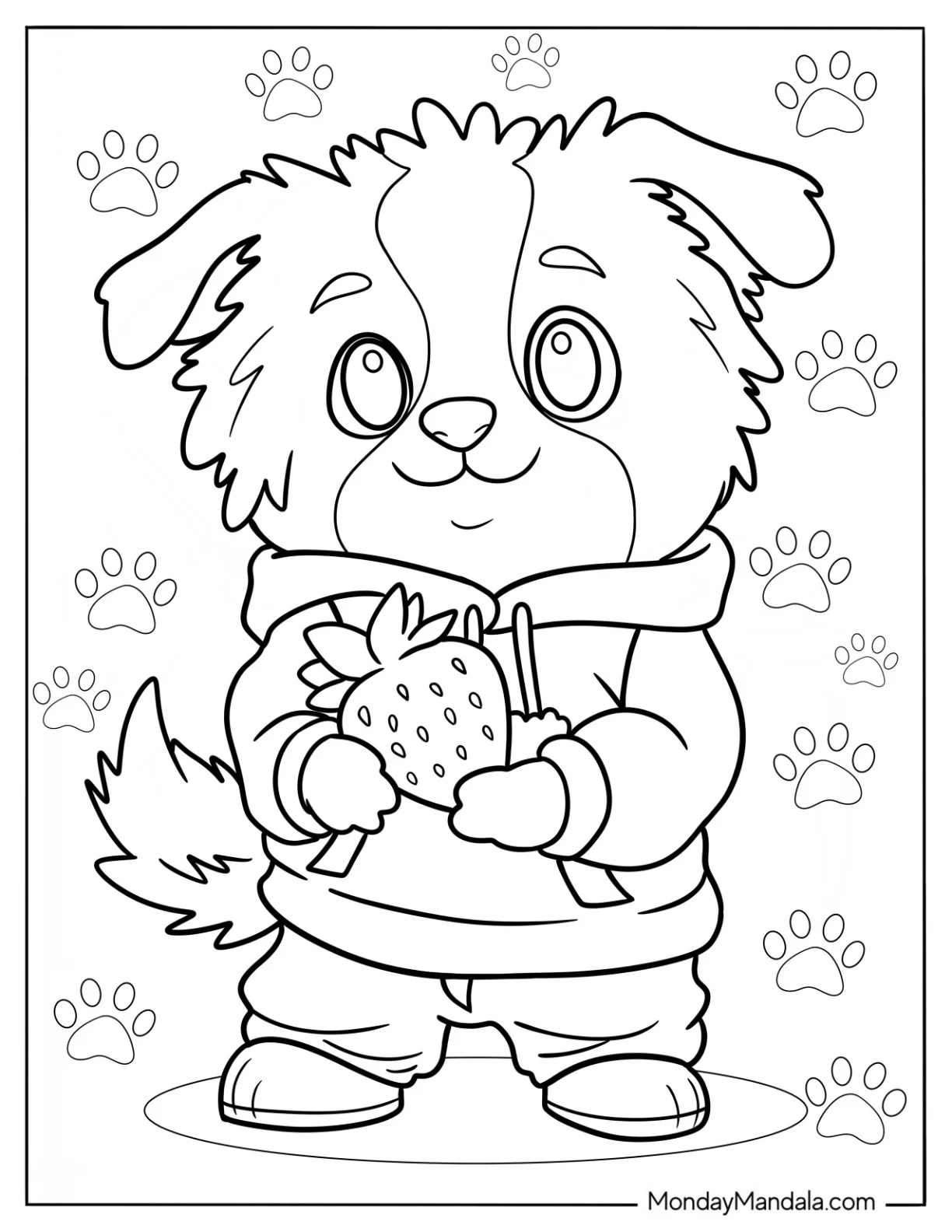 Cute Coloring Page Of Dog In A Hoodie Holding A Large Strawberry coloring page