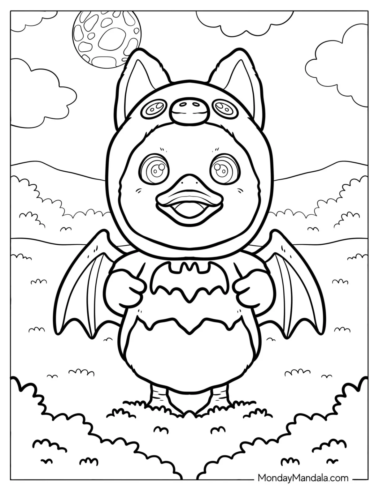 Cute Coloring Page of Duck in a Bat Costume coloring page