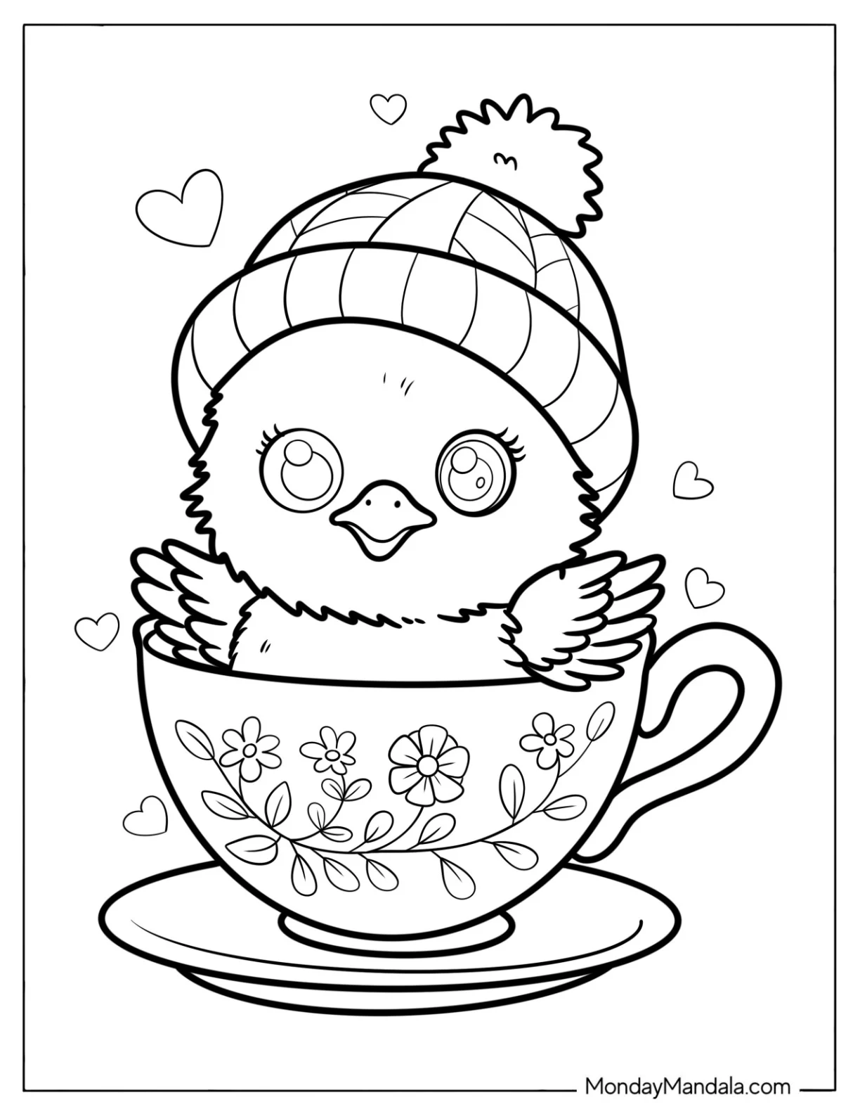 Cute Coloring Page of Duckling with a Beanie Inside a Floral Teacup coloring page — printable line art