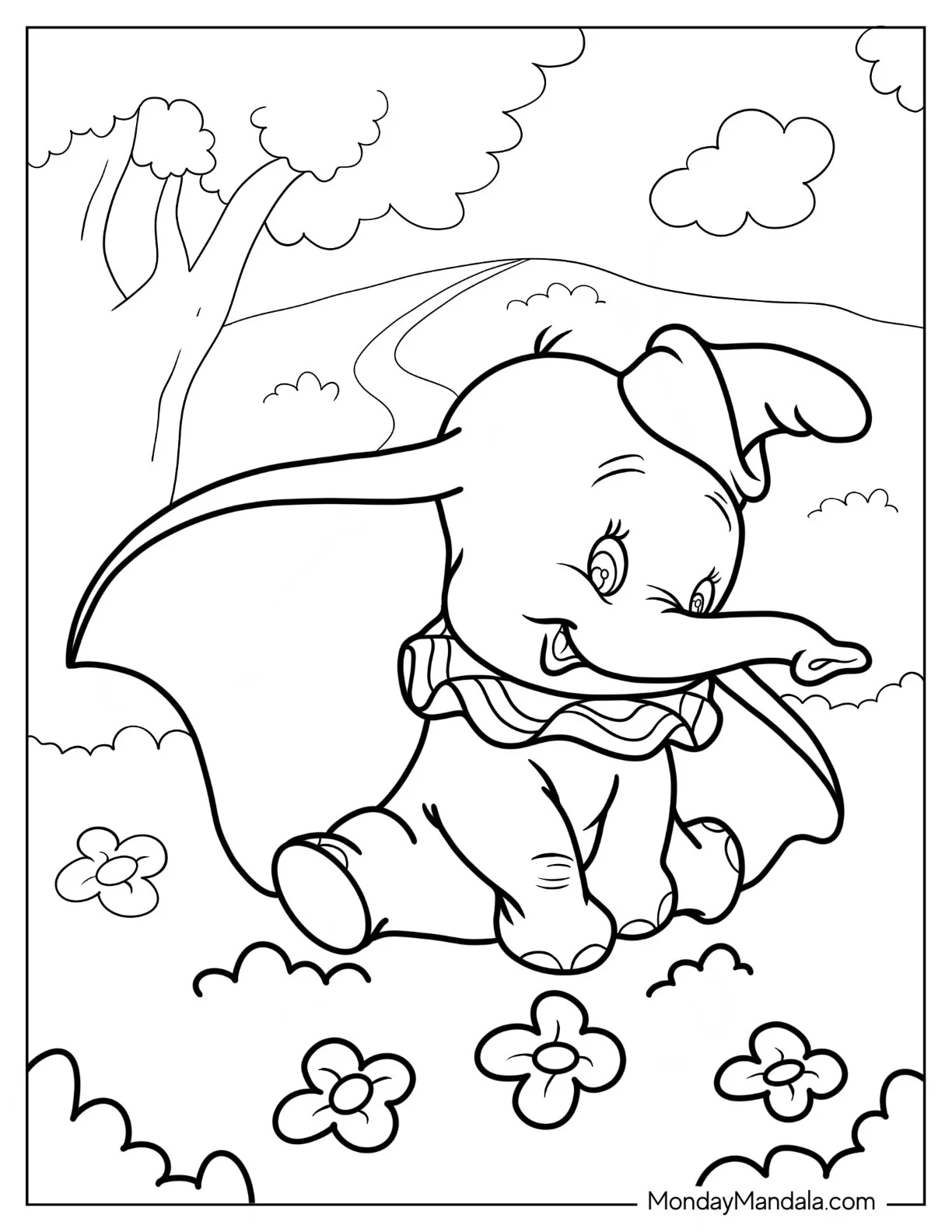 Cute Coloring Page Of Dumbo Sitting On Grass coloring page